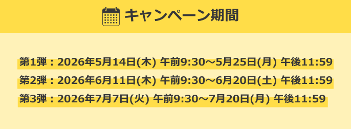 キャンペーン期間 第1弾：2026年5月14日(木) 午前9:30～5月25日(月) 午後11:59 第2弾：2026年6月11日(木) 午前9:30～6月20日(土) 午後11:59 第3弾：2026年7月7日(火) 午前9:30～7月20日(月) 午後11:59