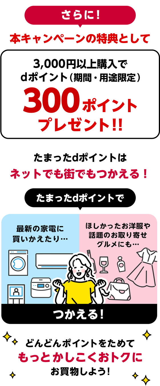 さらに！本キャンペーンの特典として　3,000円以上購入でdポイント（期間・用途限定）300ポイントプレゼント!!　たまったdポイントはネットでも街でもつかえる！　たまったdポイントで最新の家電に買いかえたり…ほしかったお洋服や話題のお取り寄せグルメにも…つかえる！　どんどんポイントをためてもっとかしこくおトクにお買物しよう！