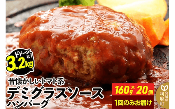 ドドンと３．２ｋｇ！《１６０ｇ×２０個》昔懐かしいトマト系デミグラスソースハンバーグ　肉　洋食　簡単　大容量　湯煎　湯せん　個包装