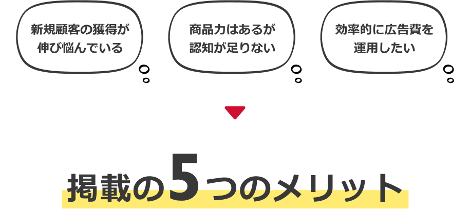 新規顧客の獲得が伸び悩んでいる 商品力はあるが認知が足りない 効率的に広告費を運用したい ▼ 掲載の5つのメリット