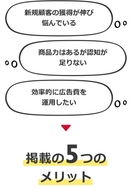 新規顧客の獲得が伸び悩んでいる 商品力はあるが認知が足りない 効率的に広告費を運用したい ▼ 掲載の5つのメリット